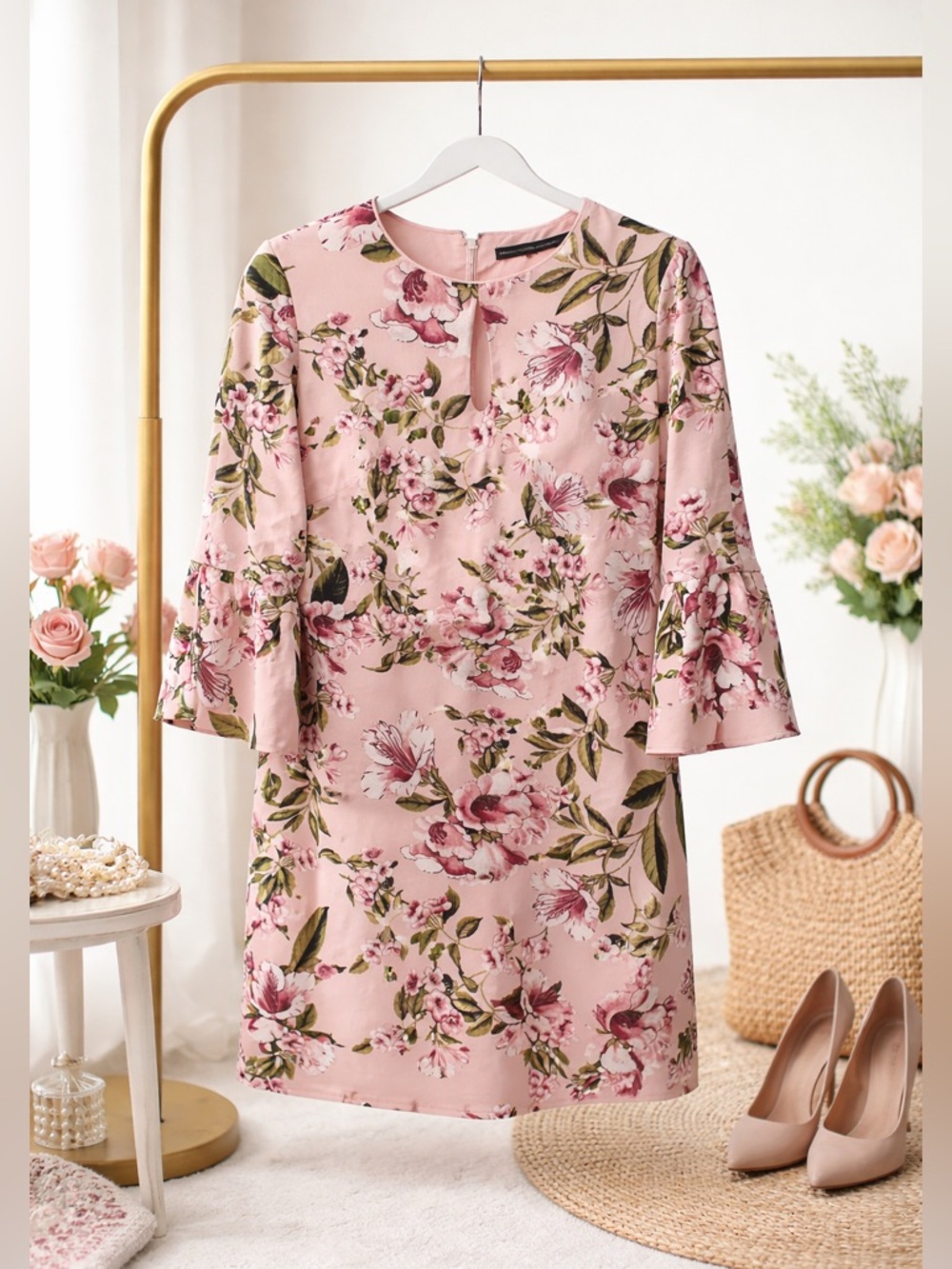 NWT White House Black Market Pink Floral Bell-Sleeve Shift Dress